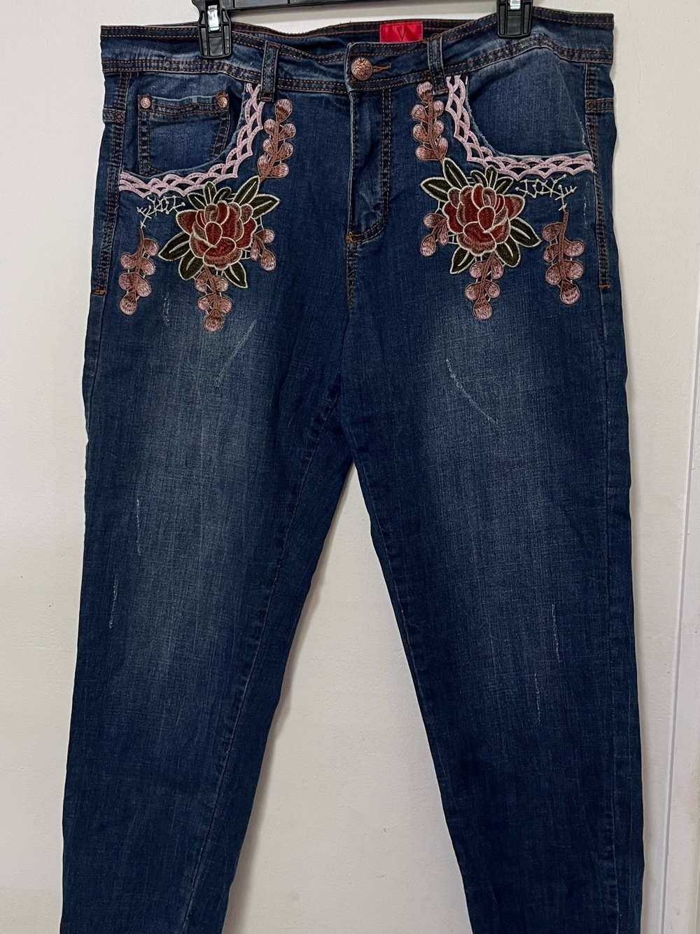 Christina Dark Blue Skinny Jeans with Pink & Red Floral Embroidery
